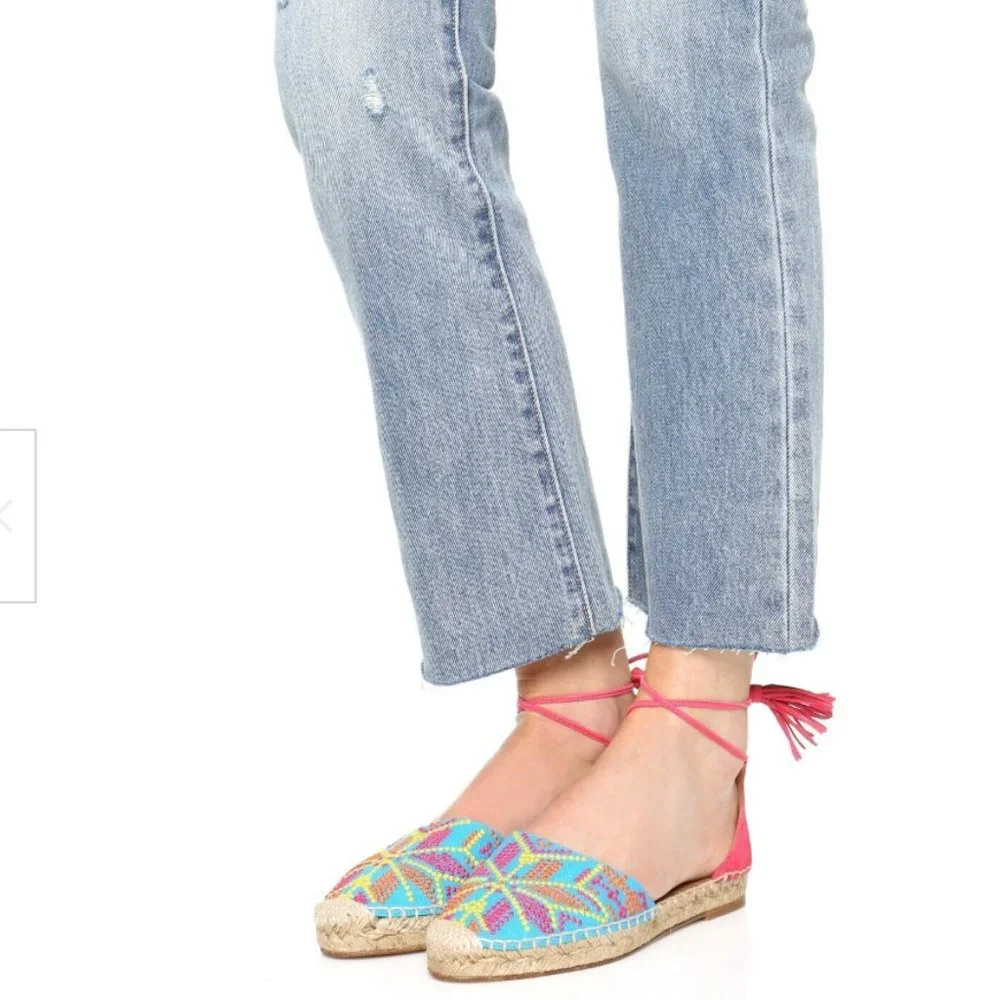NEW Aquazzura Palm Springs Tassel Espadrille Sandals Size 38 Pink Blue S…